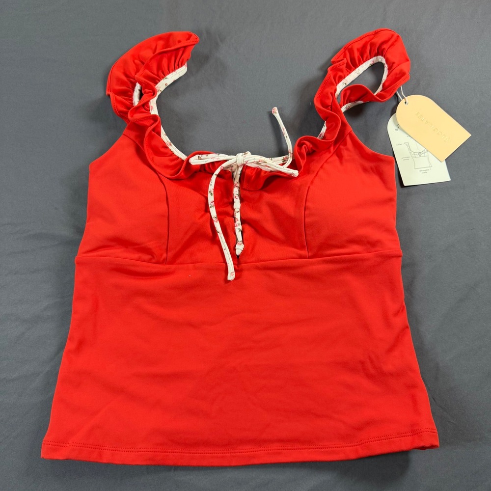 Blogilates Ruffle Lace Up Tank Red Floral Activewear Top 214202090 Large NWT